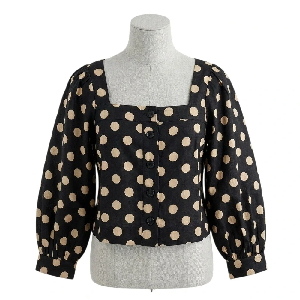 J Crew Linen Square Neck Button Down Top Black Tan Polka Dot Puff Sleeve Small